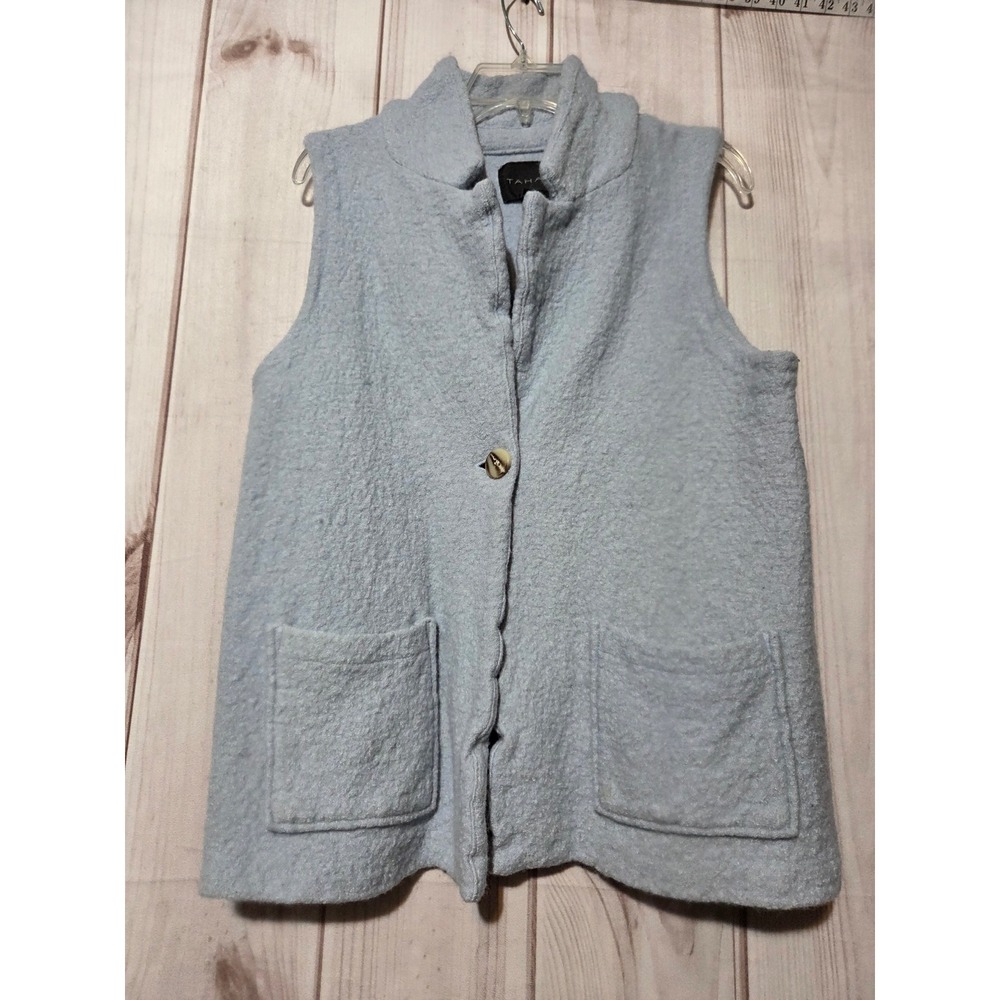 Tahari Womens XL Light‎ Blue Boiled Wool Blend Funnel Neck Button Front Vest